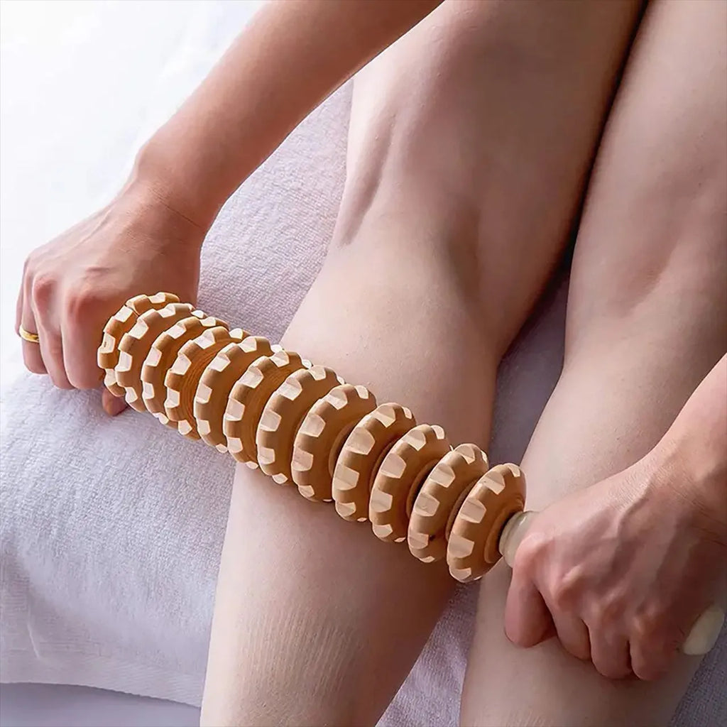 Wood Roller Fascia Massager – Anti-Slip Handle, 12 Rollers for Full Body Relief