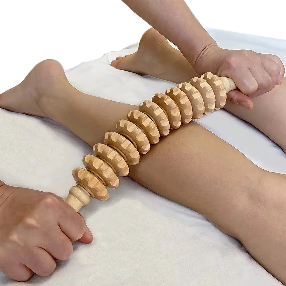 Wood Roller Fascia Massager – Anti-Slip Handle, 12 Rollers for Full Body Relief