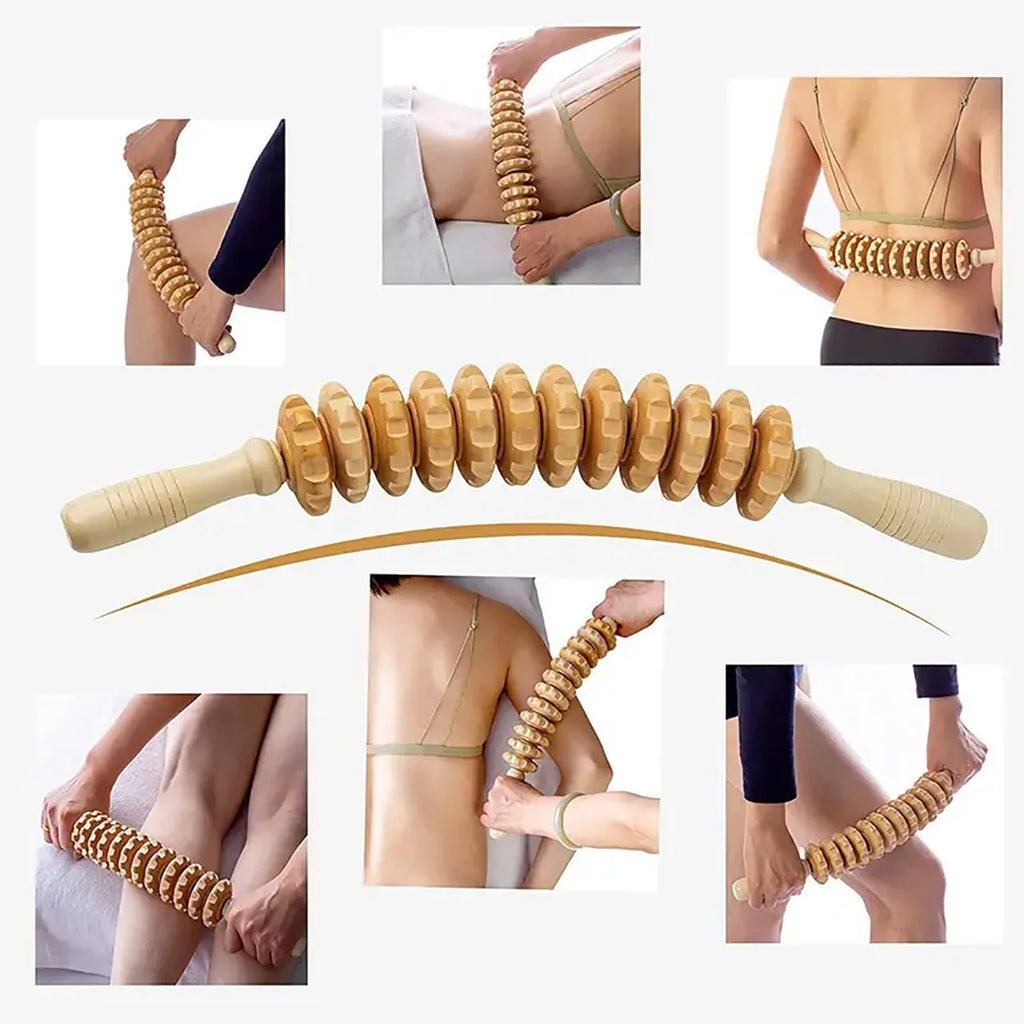 Wood Roller Fascia Massager – Anti-Slip Handle, 12 Rollers for Full Body Relief