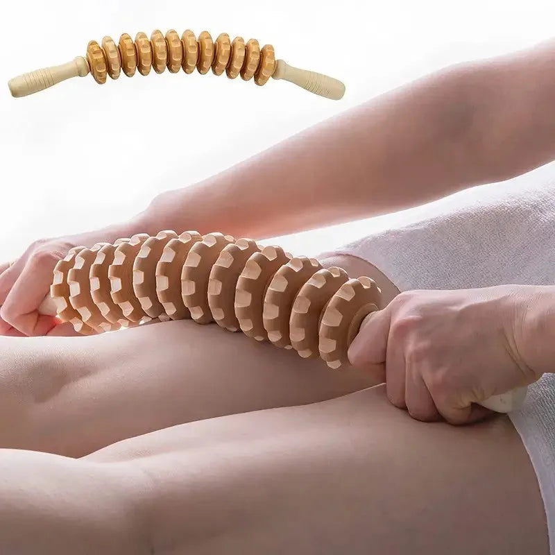 Wood Roller Fascia Massager – Anti-Slip Handle, 12 Rollers for Full Body Relief
