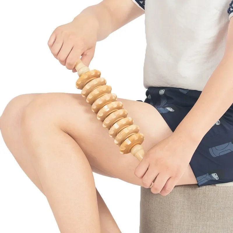 Wood Roller Fascia Massager – Anti-Slip Handle, 12 Rollers for Full Body Relief