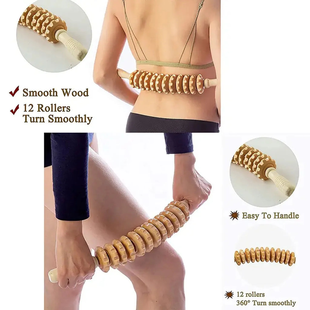 Wood Roller Fascia Massager – Anti-Slip Handle, 12 Rollers for Full Body Relief
